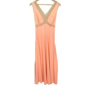 Vintage 70s Vanity Fair Peach Nightgown Maxi Lace Trim Size 36 Peignoir Tie Back